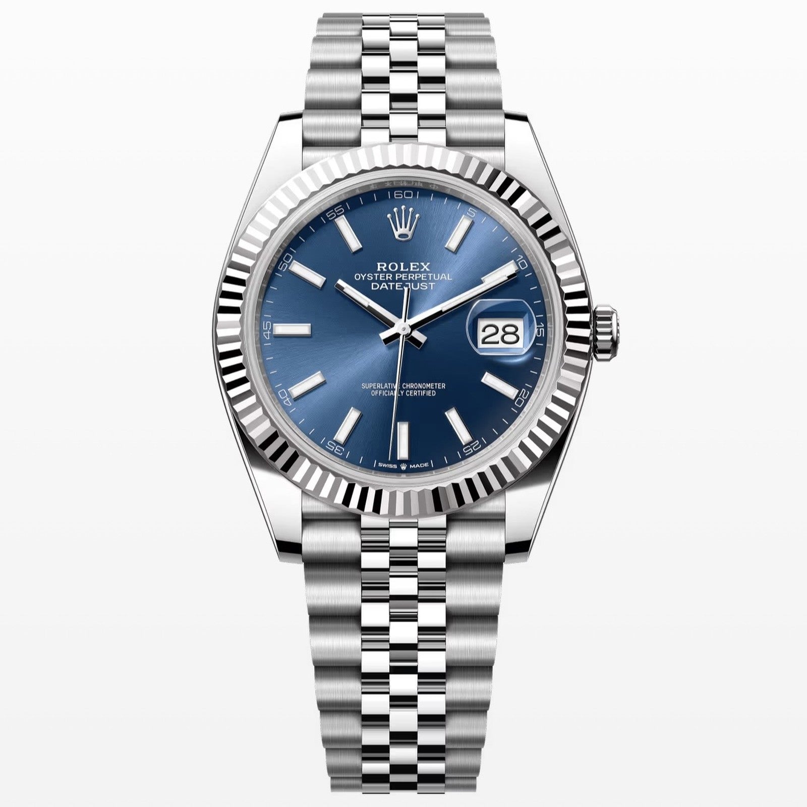 Rolex Datejust 41 White Gold/Steel Bright Blue Index Dial Fluted Bezel Jubilee Bracelet 126334 - BRAND NEW